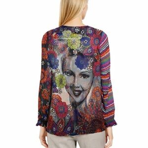 Desigual vintage y2k semi-sheer top floral print long sleeves colorful sz medium